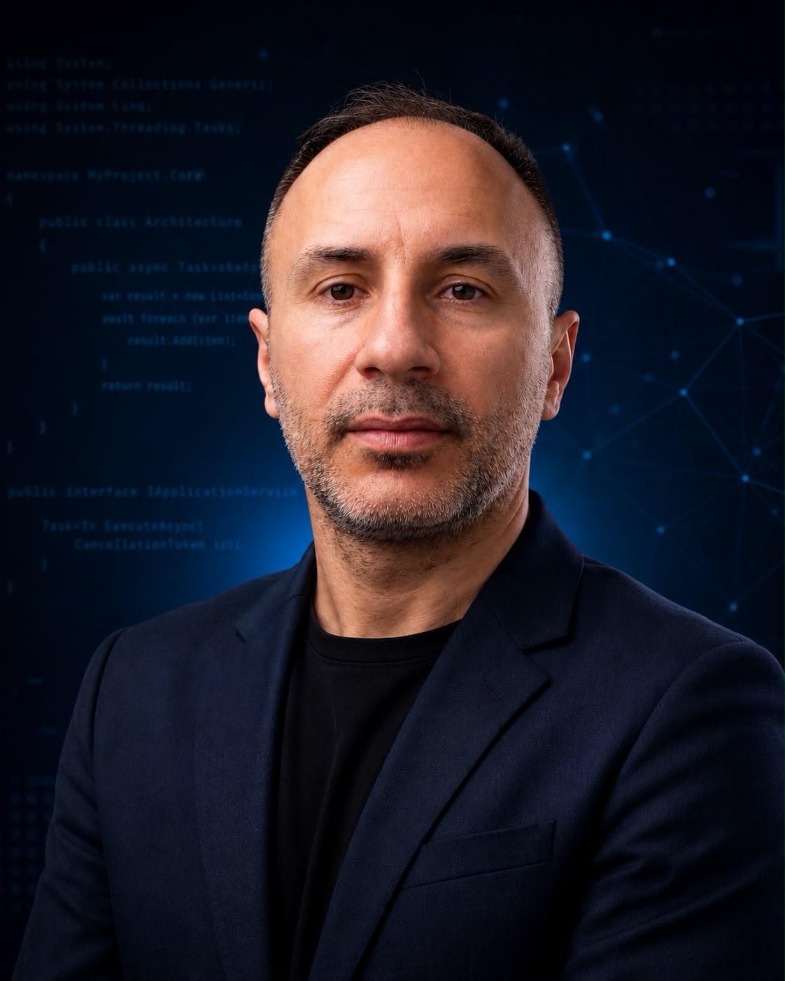 Fjodor, sviluppatore full-stack .NET, in giacca scura su sfondo con codice